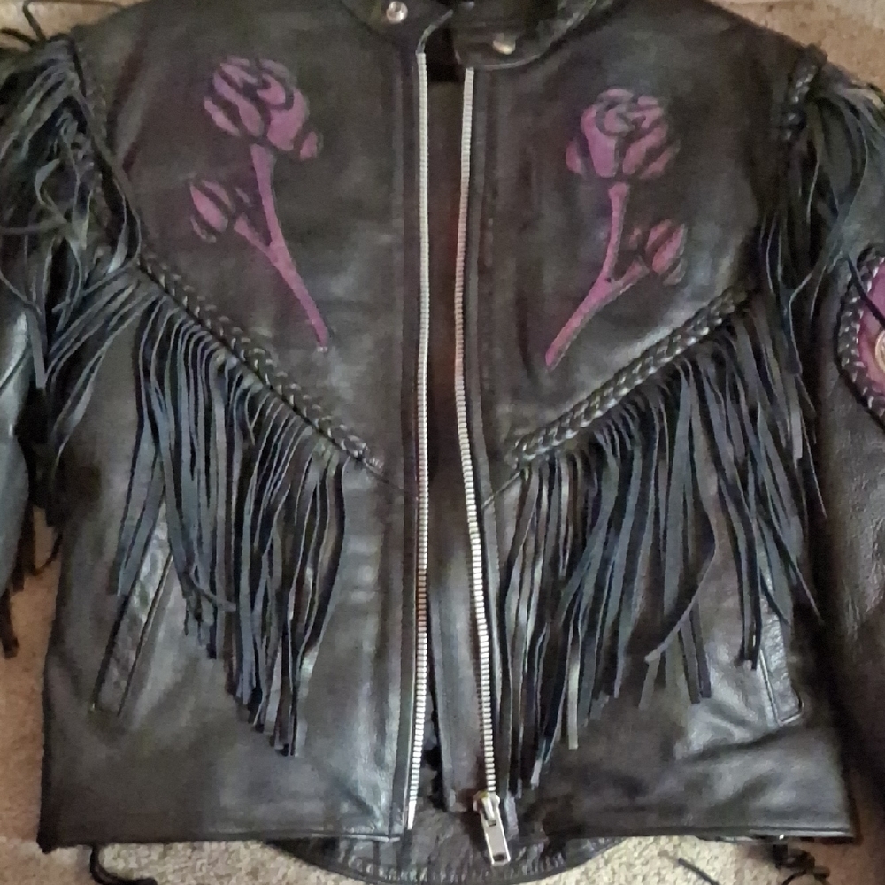 Purple Rose Black Leather Motorcycle Jacket with Fringe